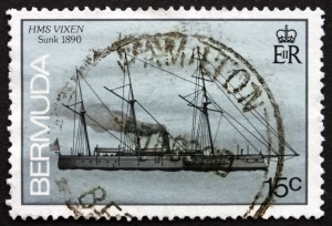 BERMUDA - CIRCA 1986: a stamp printed in Bermuda shows HMS Vixen, Shipwreck, Wrecked 1890, circa 1986